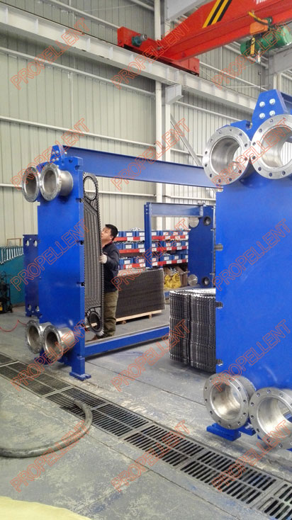 New type of wide gap plate heat exchanger is being assembled
